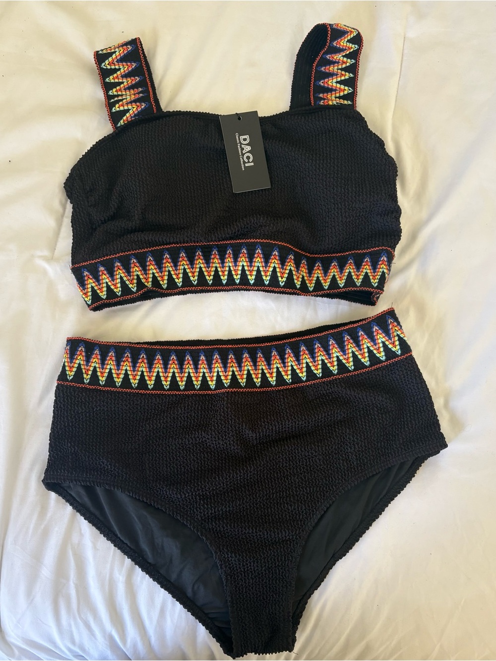 NWT DACI Black Plus Size High-Waist Bikini with Multicolor  Boho Zigzag Trim 16W